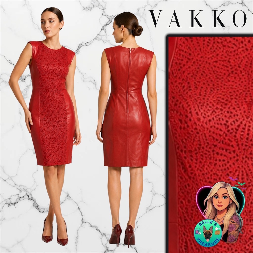 Vakko Women's 2 Red Leather Laser Cut Lace‎ Front Sheath Dress Sleeveless 90s